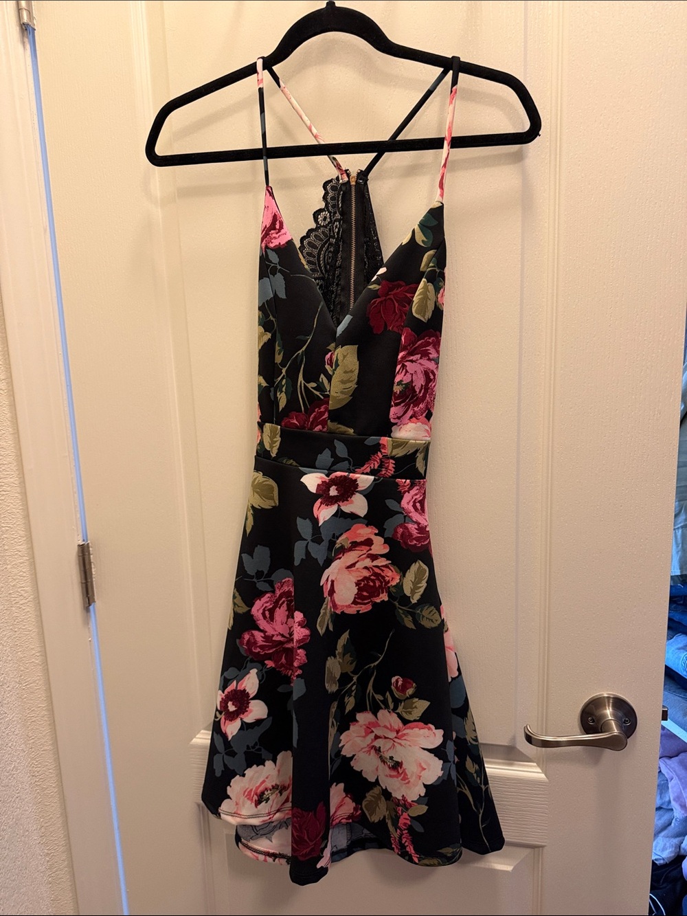 Rue21 Black Floral A-Line Mini Dress with Pink and Cream Blooms